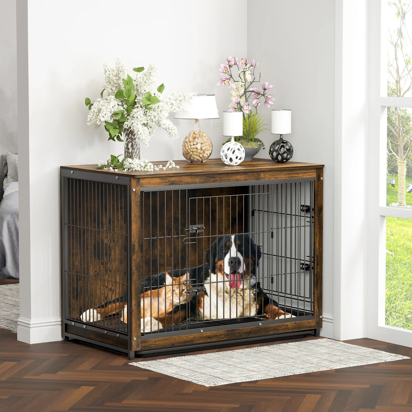 BORWART Wooden Elevated Dog Crate End Table With Double Doors