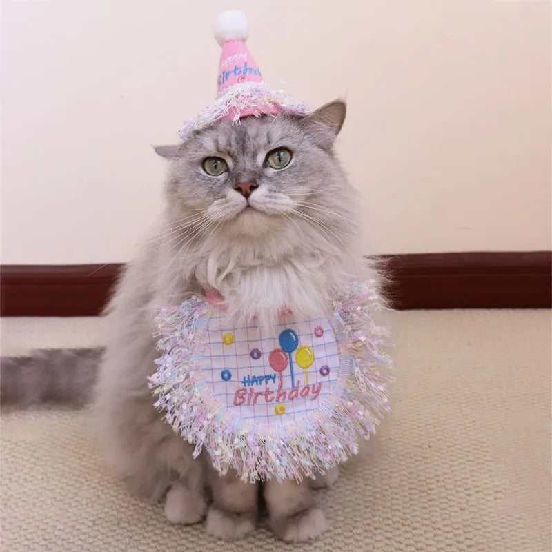 Puppy Birthday Hat Bandana Set With Felt Cone Top Tassels