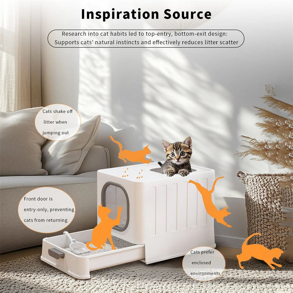 Enclosed Cat Litter Box With Scoop Drawer And Skylight Design