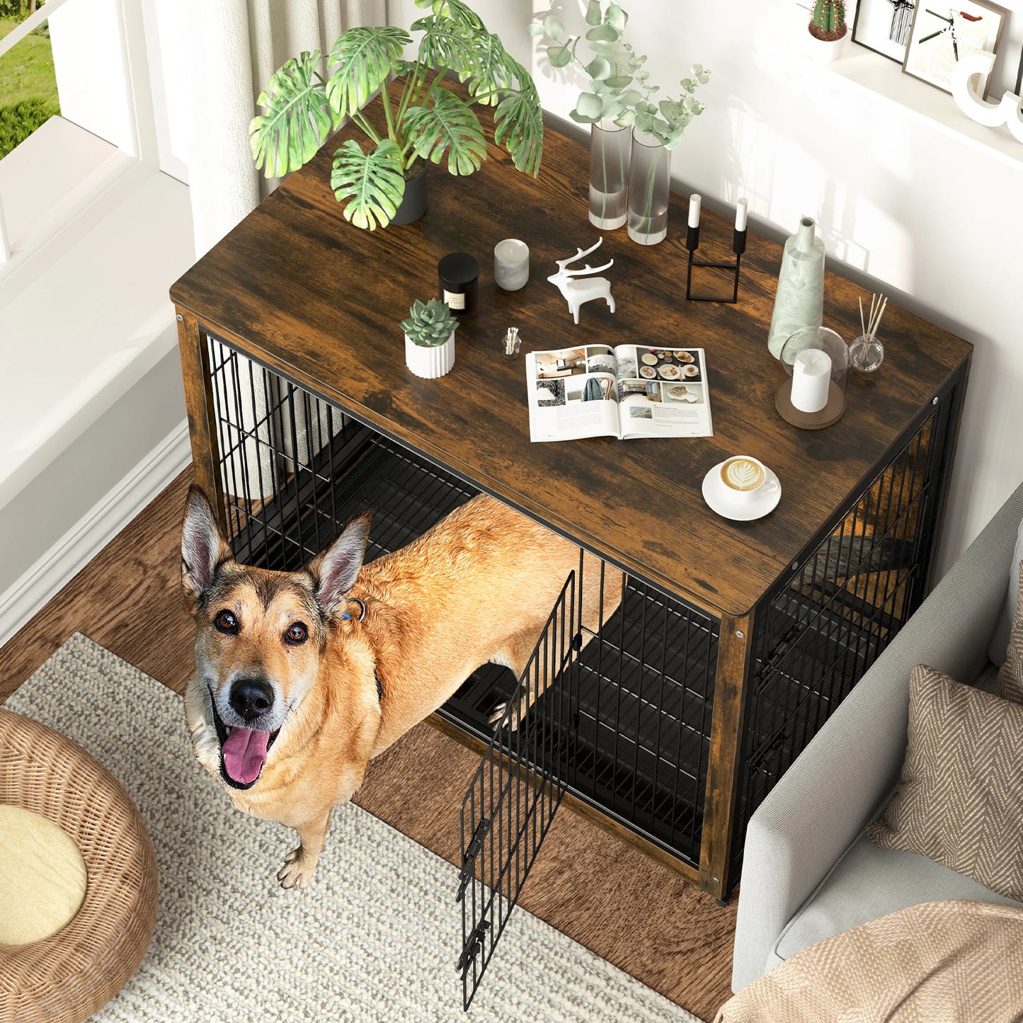 BORWART Wooden Elevated Dog Crate End Table With Double Doors