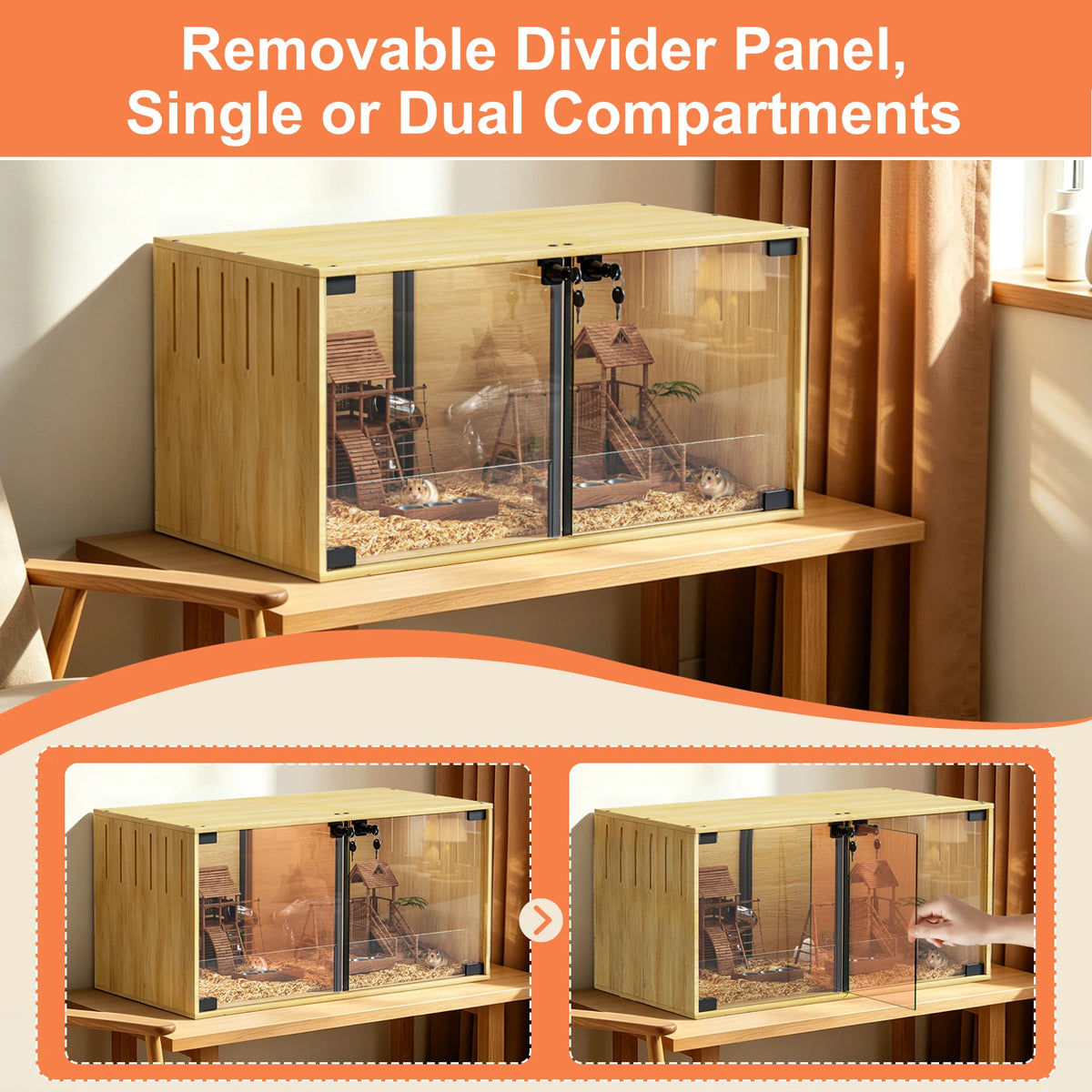 Wooden Hamster Cage Chew Proof With Dual Doors Removable Divider