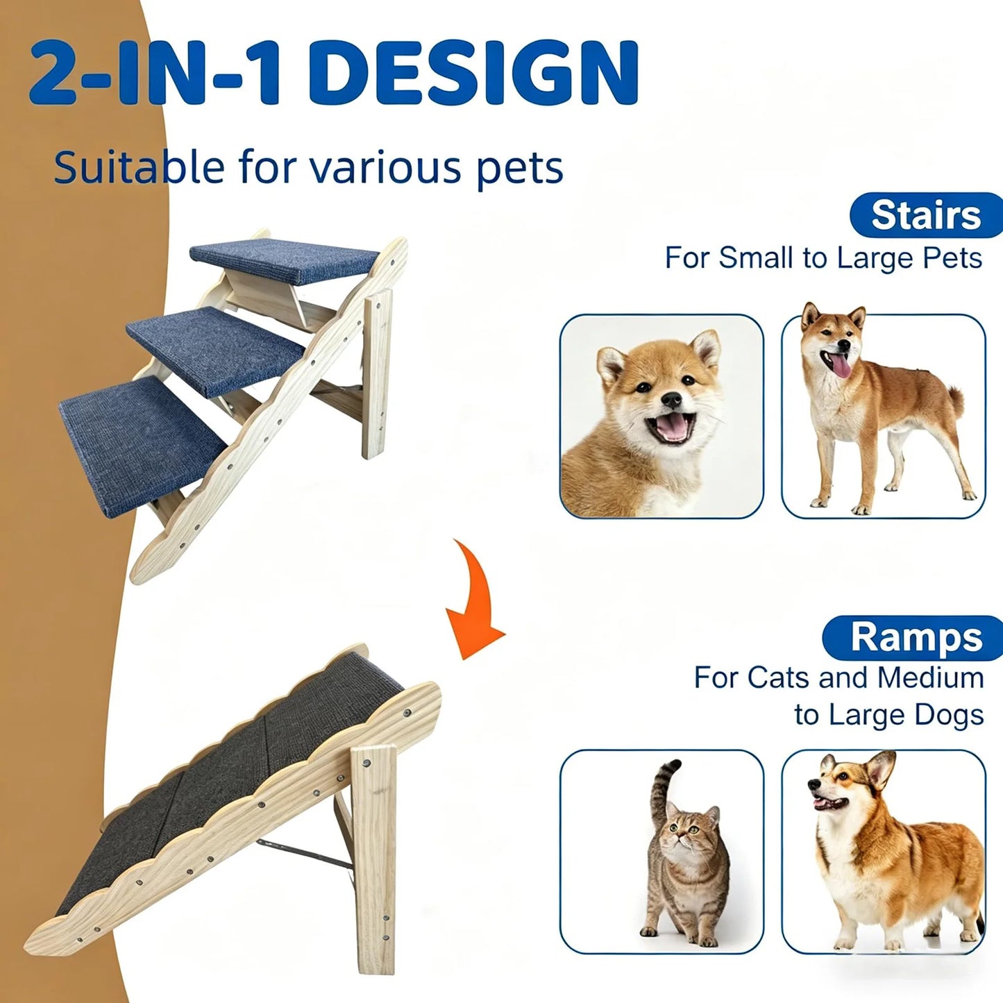 DishyKooker Two In One Wooden Pet Stairs Folding Ramp