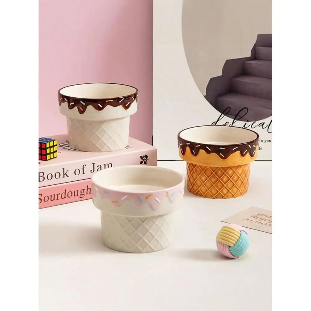 Ceramic Elevated Pet Bowl With Ice Cream Design Anti Tilt