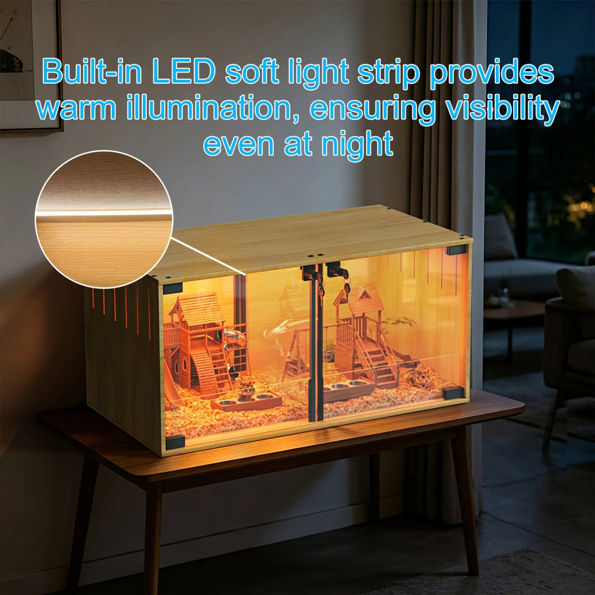 Wooden Hamster Cage Habitat With Removable Divider And Glass Panels
