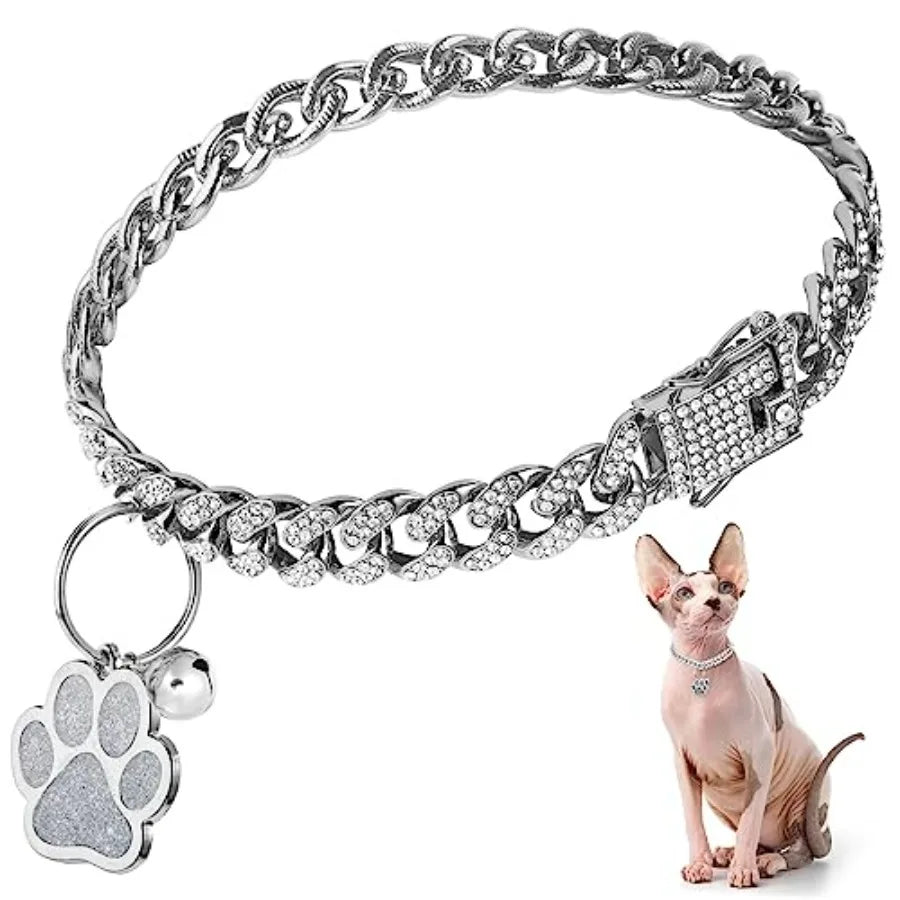 Diamond Chain Glitter Cat Collar With Buckle Paw Charm ID