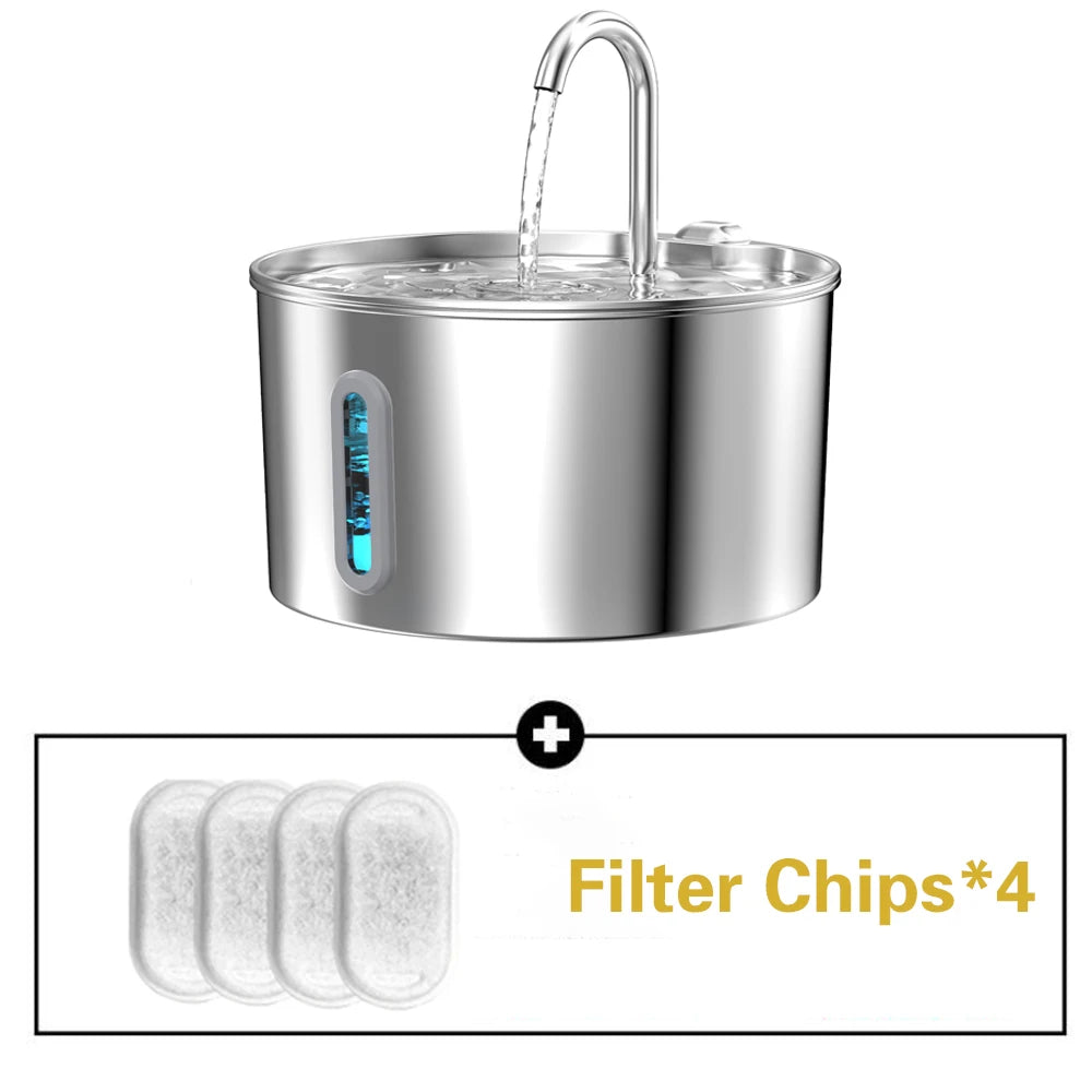 Stainless Steel Cat Water Fountain With LED Window