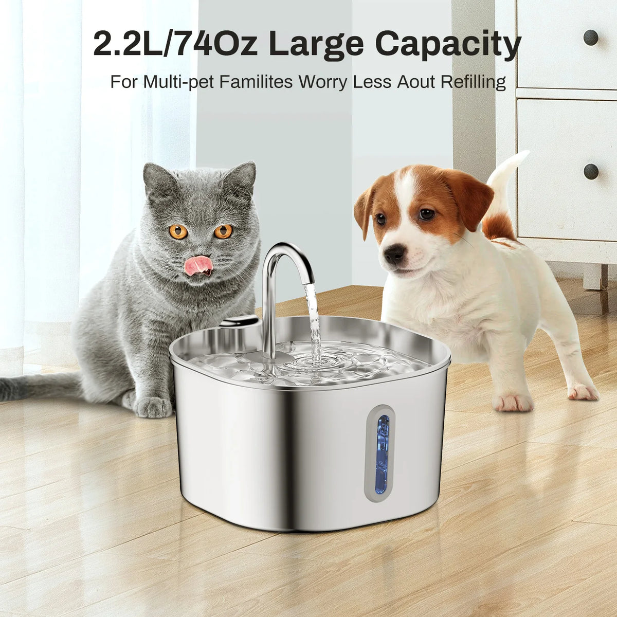 Stainless Steel Cat Water Fountain With LED Window