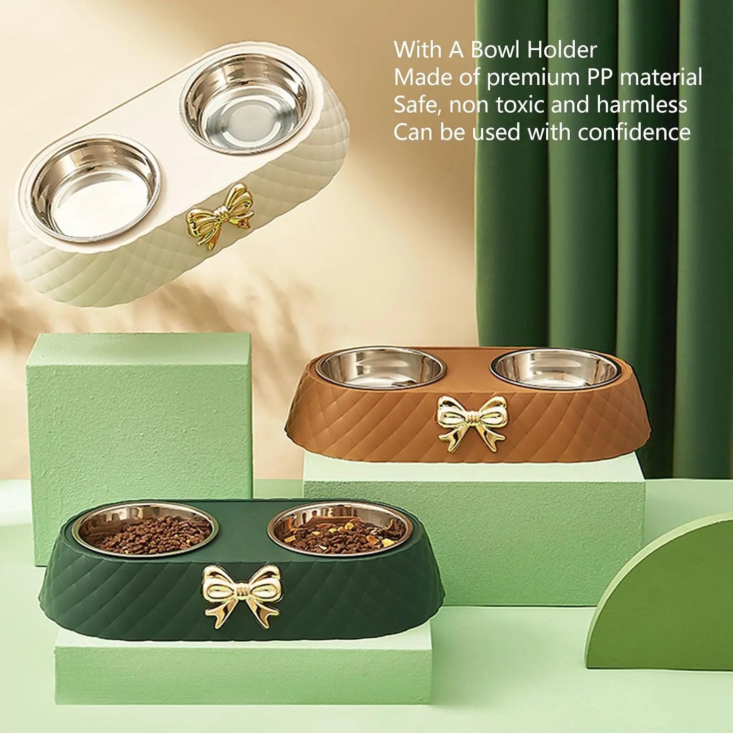 Double Pet Bowl Set With Bowknot Decor Holder Stainless Steel