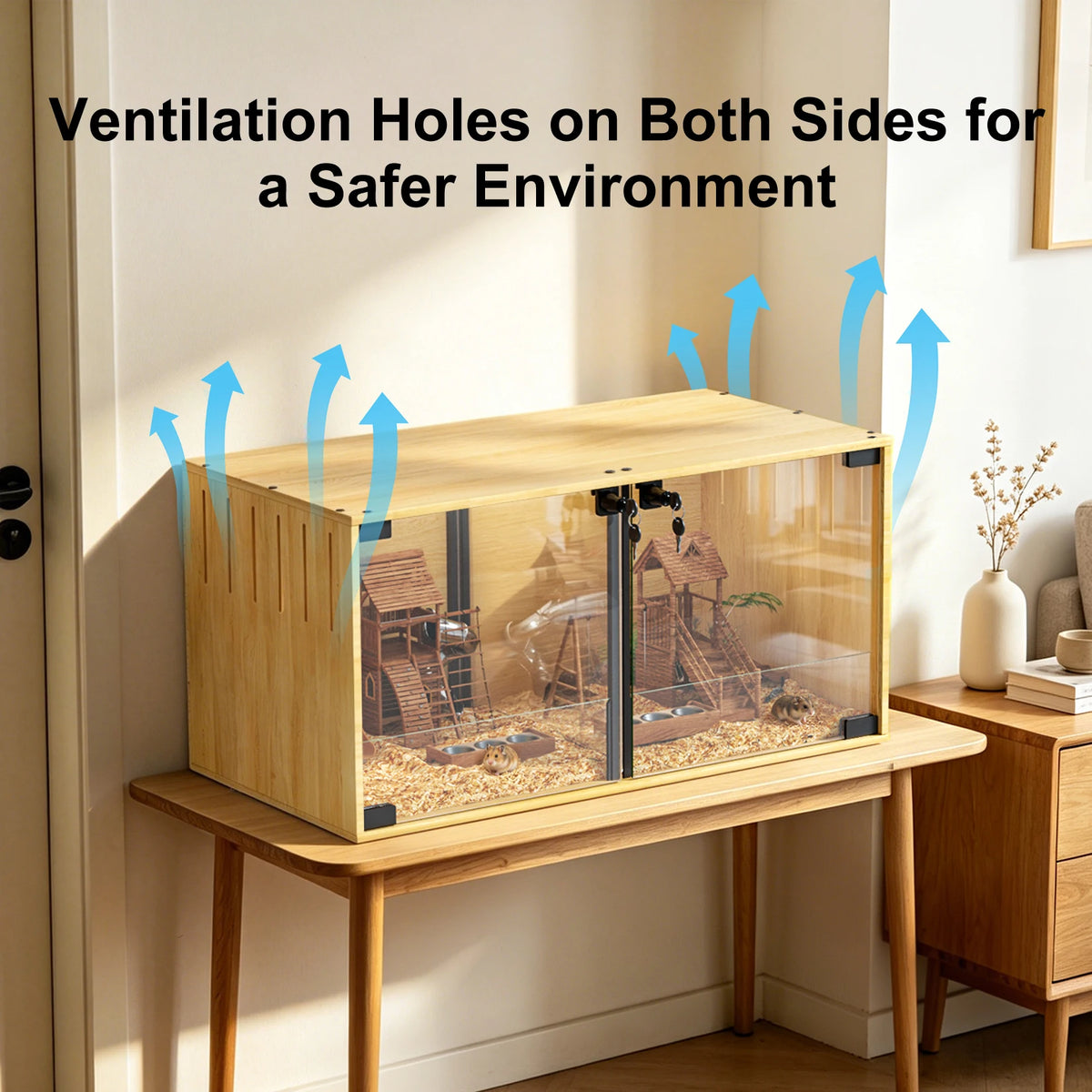 Wooden Hamster Cage Chew Proof With Dual Doors Removable Divider