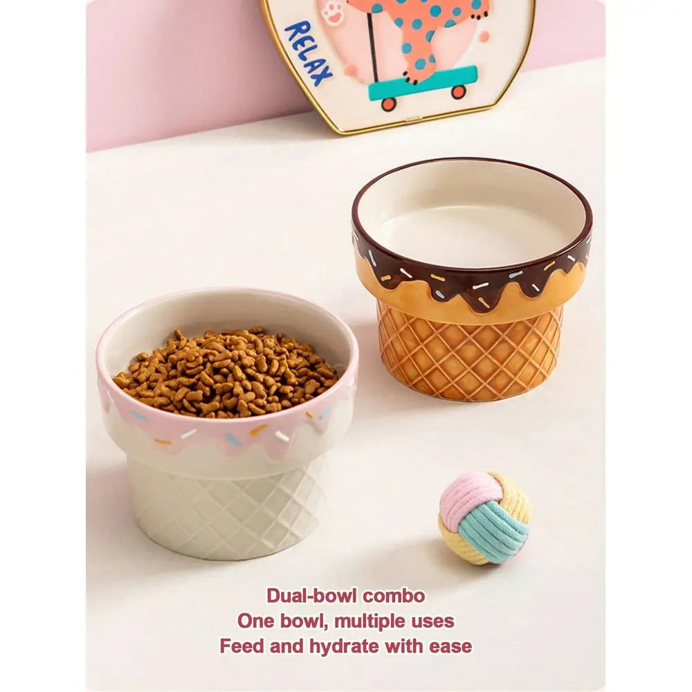 Ceramic Elevated Pet Bowl With Ice Cream Design Anti Tilt