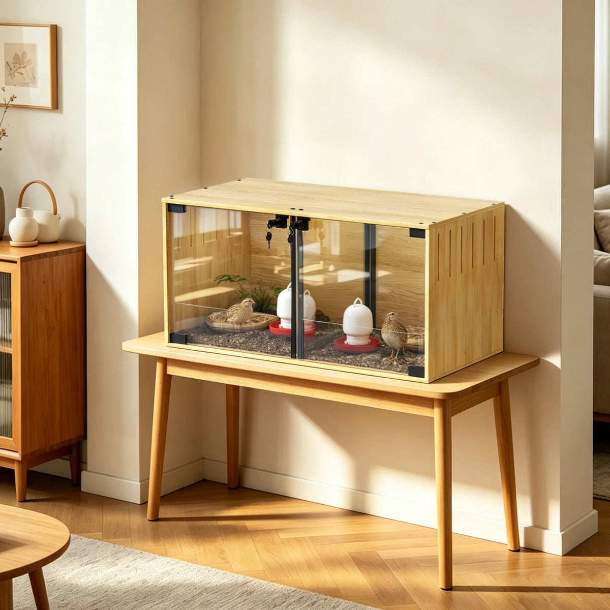 Wooden Hamster Cage Habitat With Removable Divider And Glass Panels
