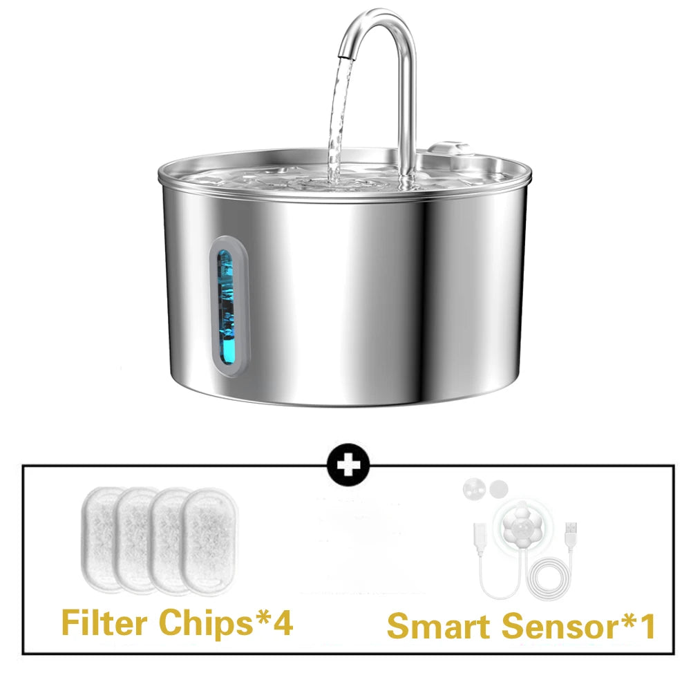 Stainless Steel Cat Water Fountain With LED Window