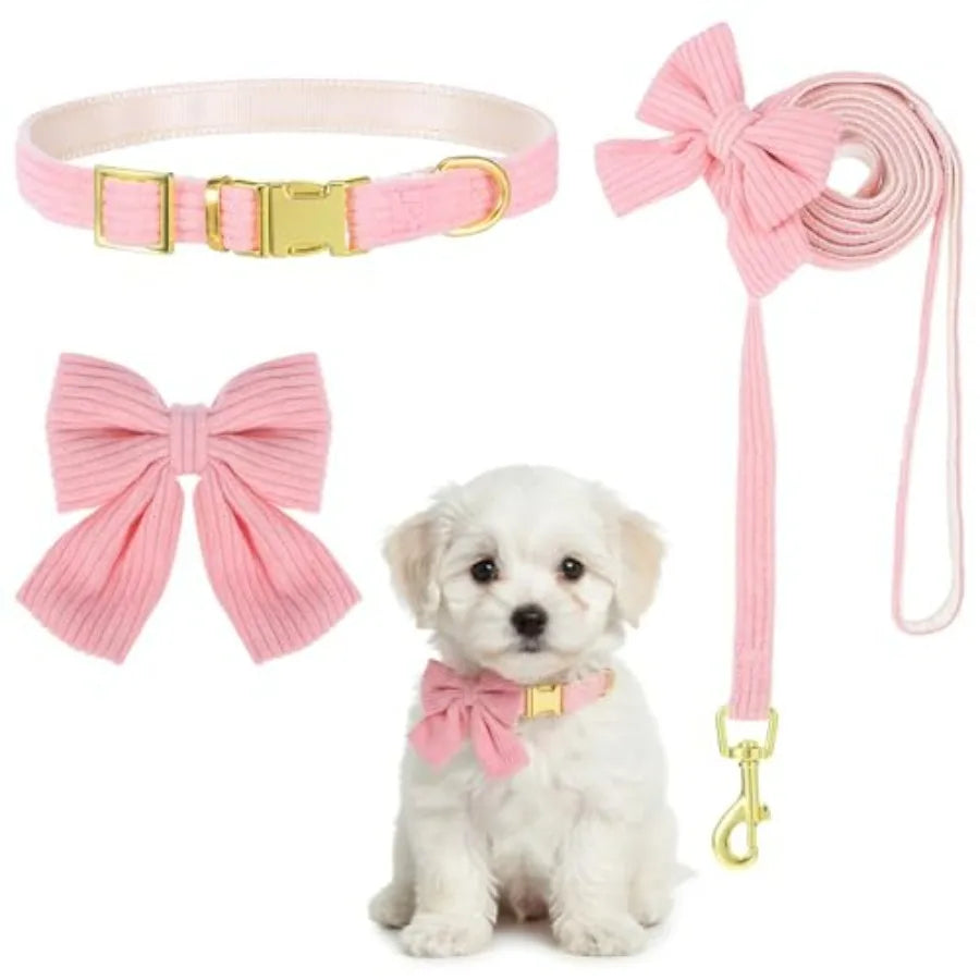 Dog Collar And Leash Set With Bow Tie Adjustable Breathable