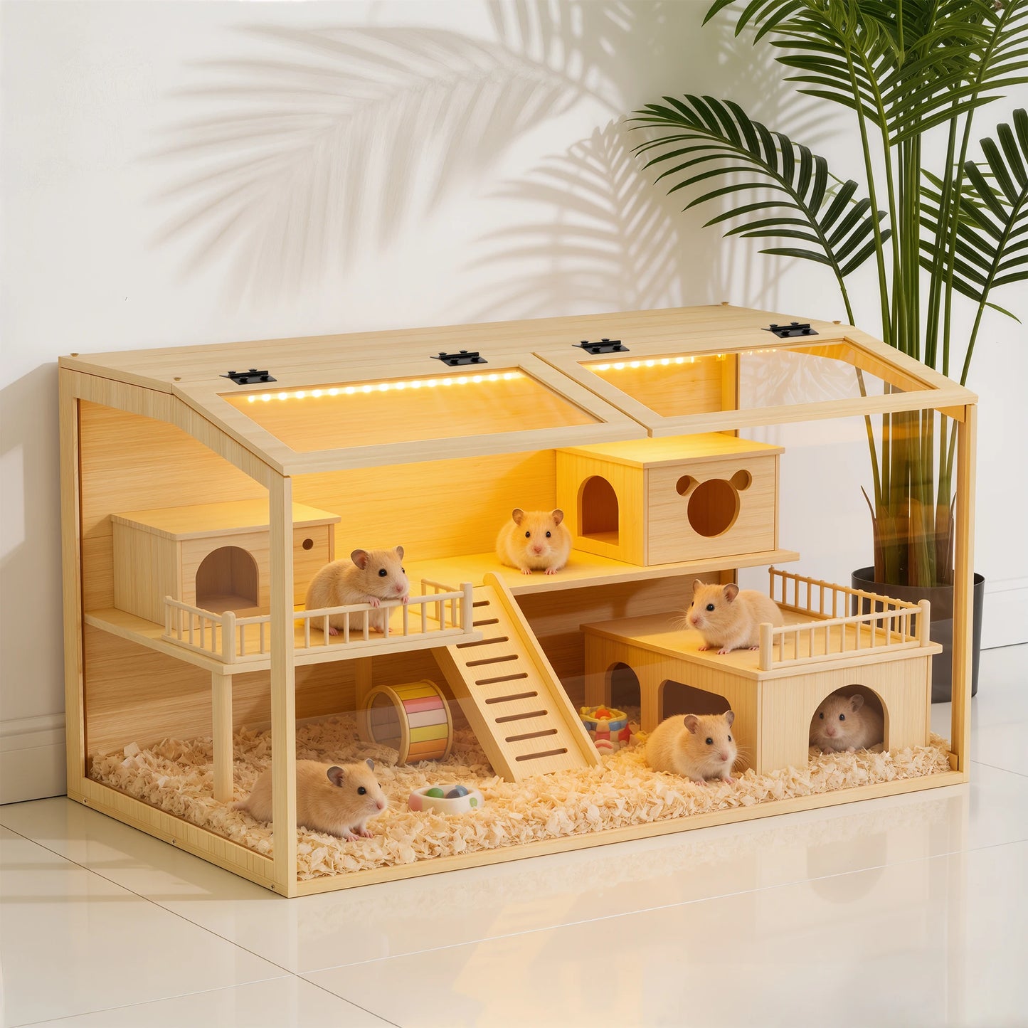 Wooden Hamster Cage With Built In LED Light Habitat