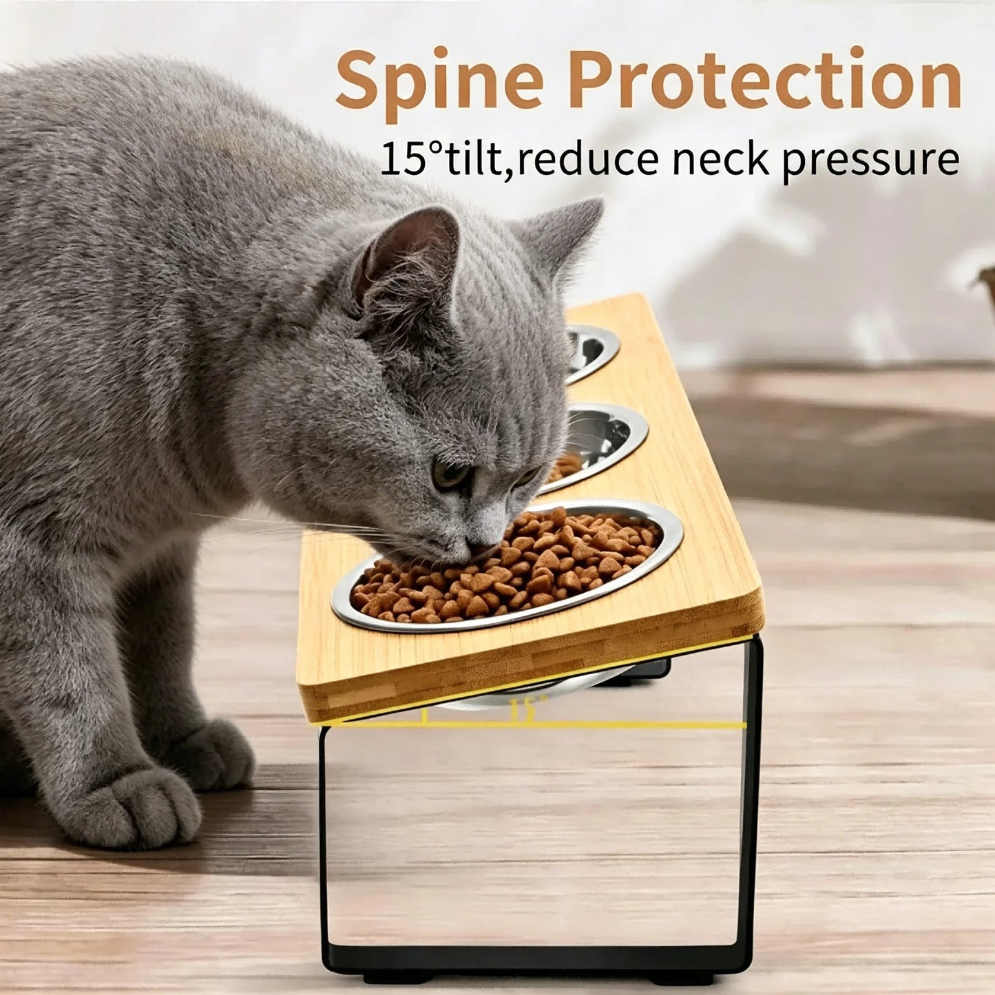 Elevated Cat Feeder With Tilted Stainless Bowls On Bamboo Iron Stand