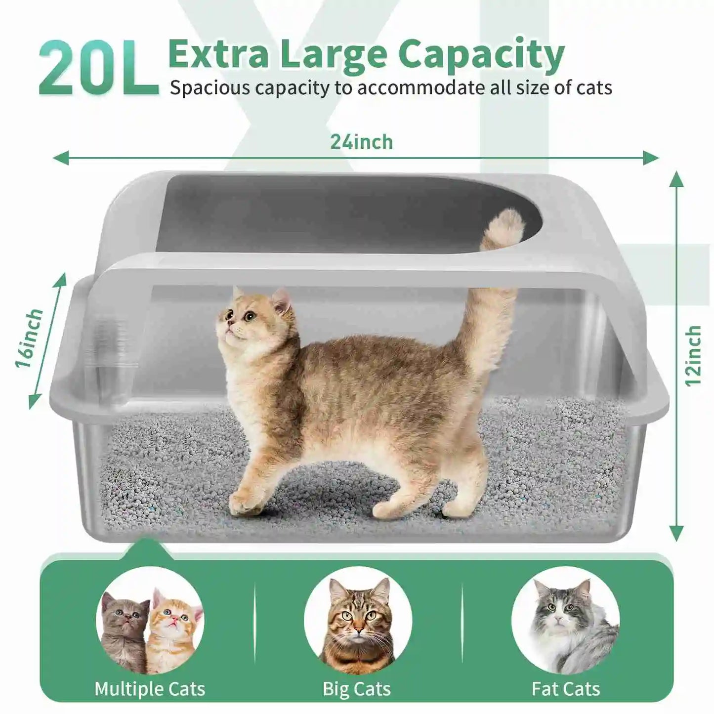 Qiilu Stainless Steel Cat Litter Box With Lid Scoop And Mat