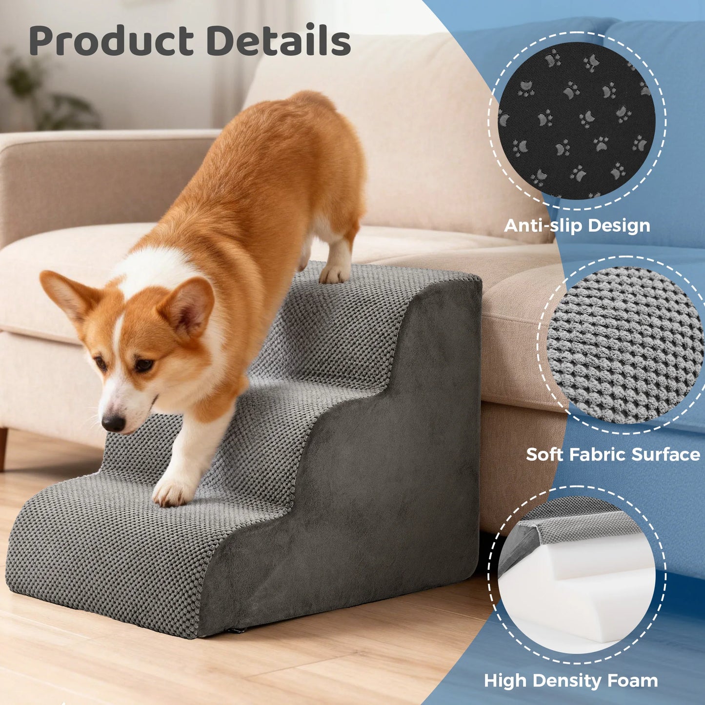 Curved High-Density Foam Dog Stairs Ramp For Small Dogs Non-Slip