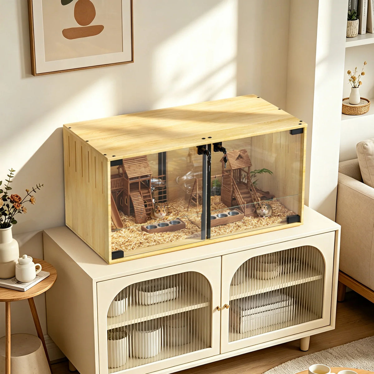 Wooden Hamster Cage Habitat With Removable Divider And Glass Panels