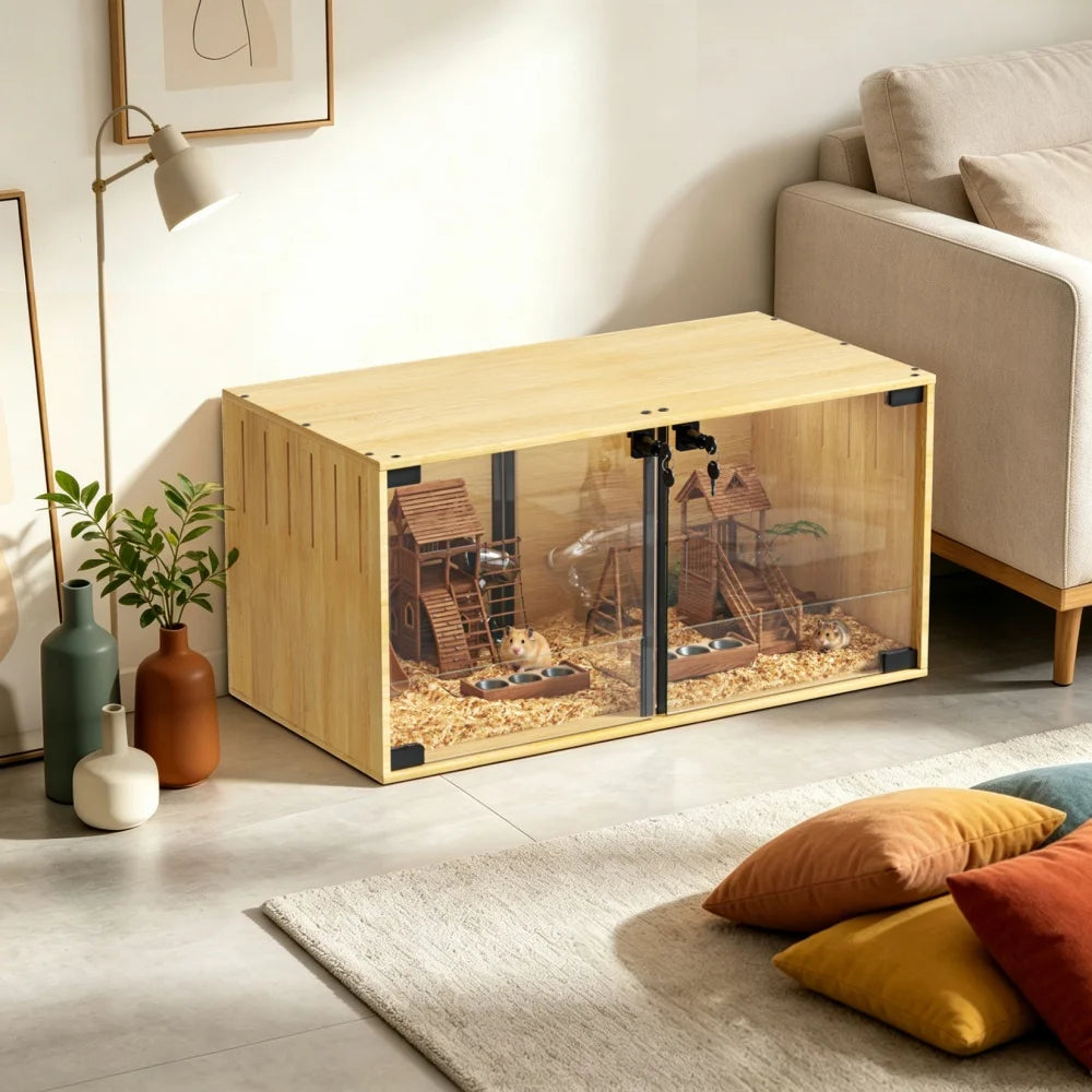 Wooden Hamster Cage Chew Proof With Dual Doors Removable Divider