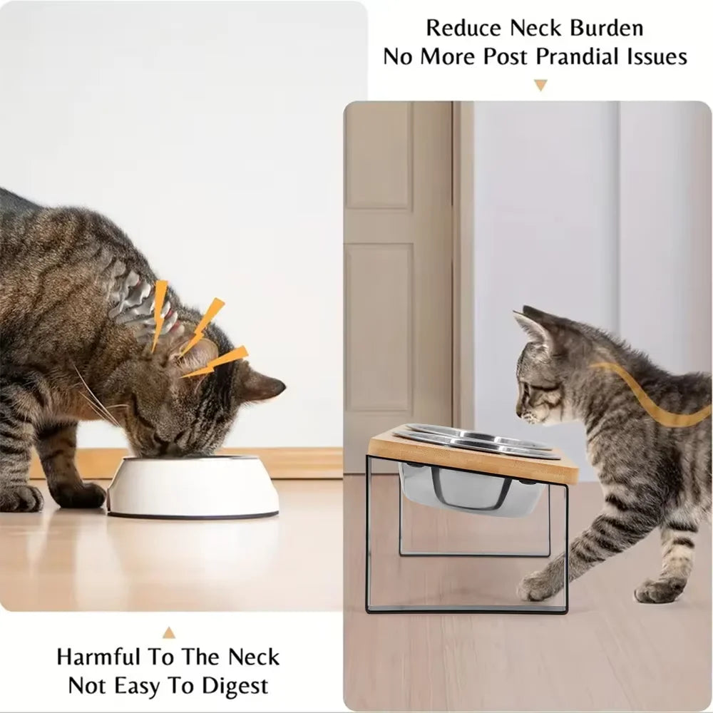 Raised Tilted Cat Bowls With Wooden Stand And Two Stainless Steel Bowls