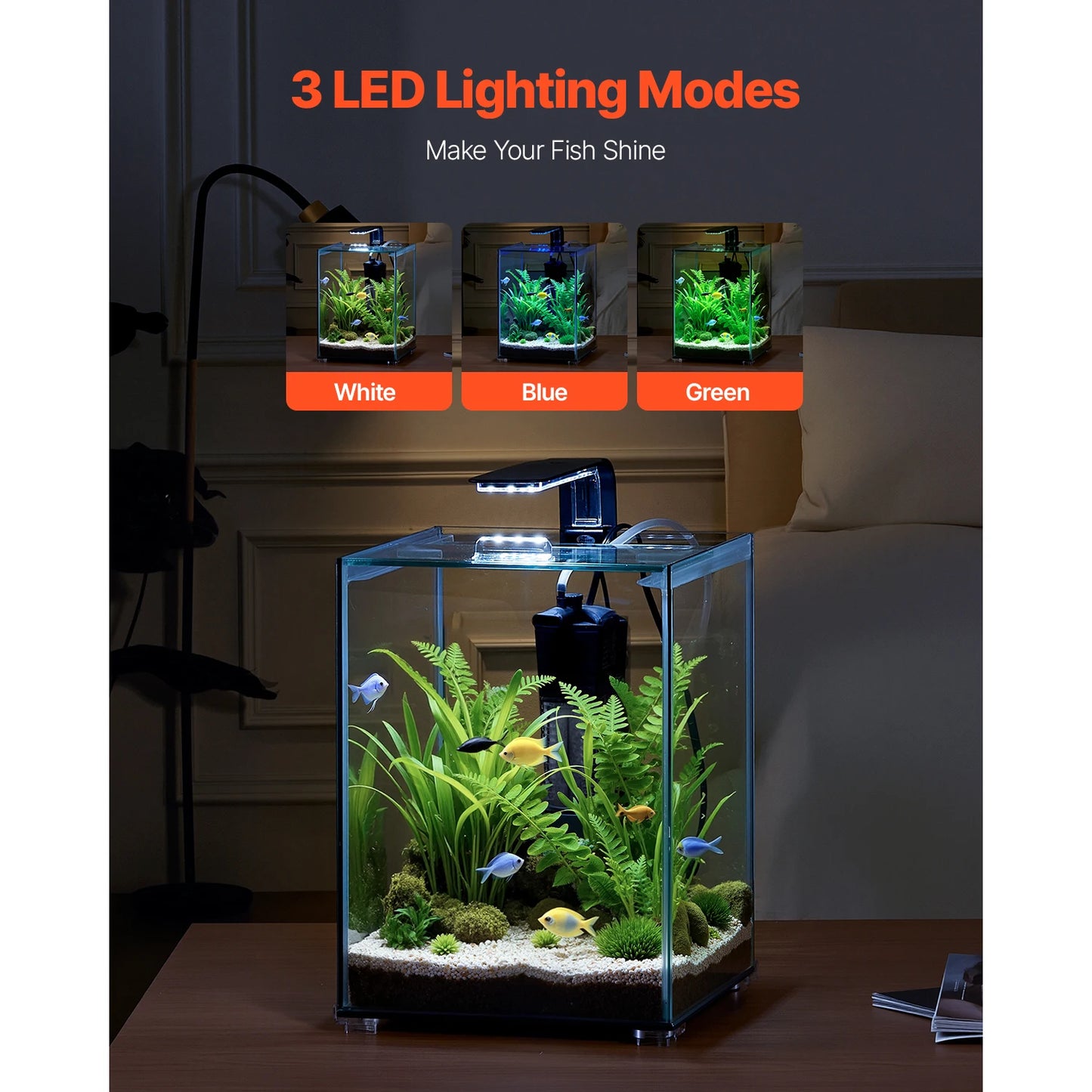 SucceBuy Glass Aquarium With Adjustable Three Color Lighting Self Cleaning