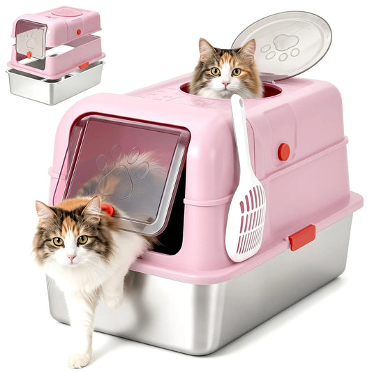 Studyset Enclosed Stainless Steel Litter Box For Multi Cat Home