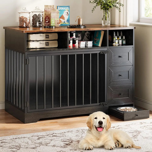 HiMISS Dog Crate Furniture With Bowl And Storage Drawers