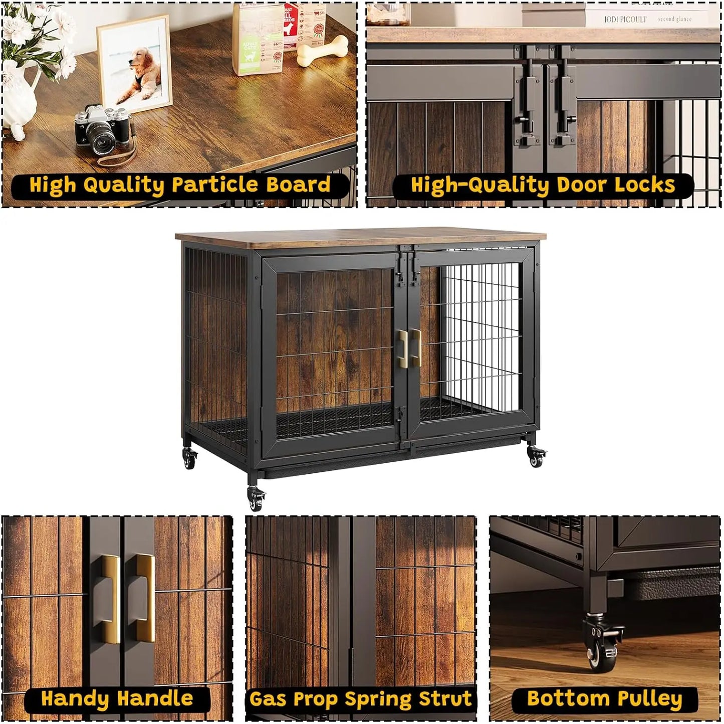HiMISS Wooden Dog Crate With Heavy Duty Steel Frame Wheels