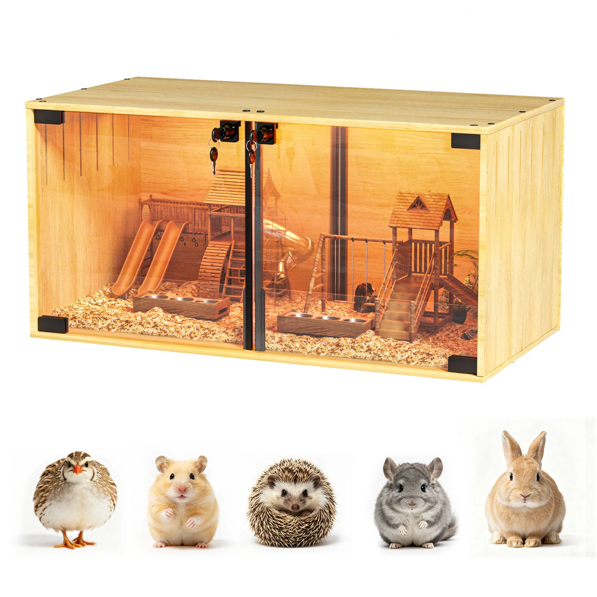 Wooden Hamster Cage Chew Proof With Dual Doors Removable Divider