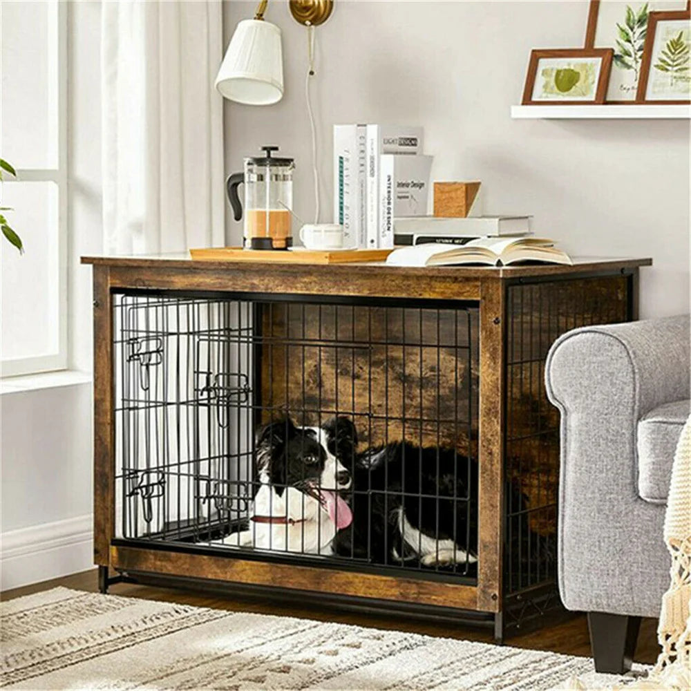 BORWART Wooden Elevated Dog Crate End Table With Double Doors