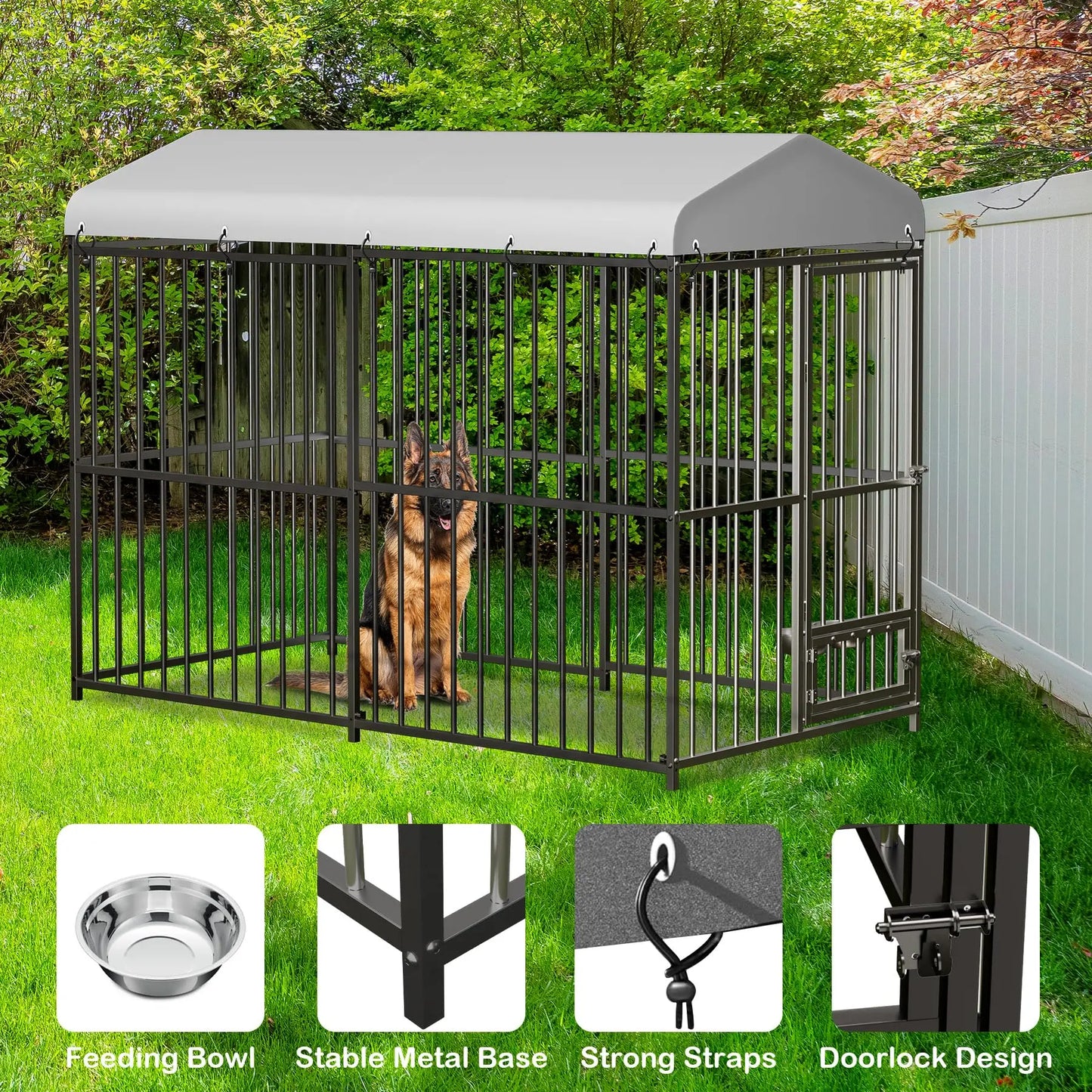 Heavy-Duty Metal Dog Kennel Outdoor Roof Double Lock Walk-In Durable