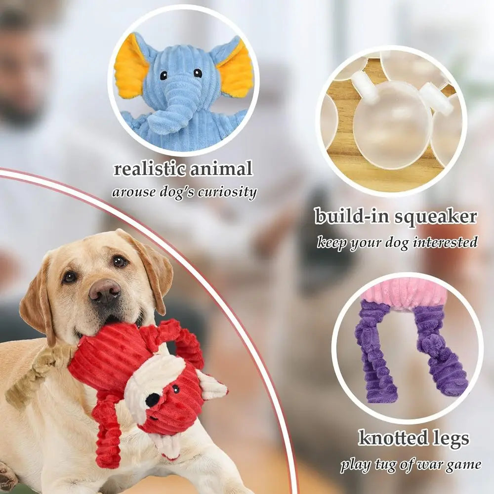 5 Pack Tough Squeaky Plush Dog Toys Assorted Animals Bundle