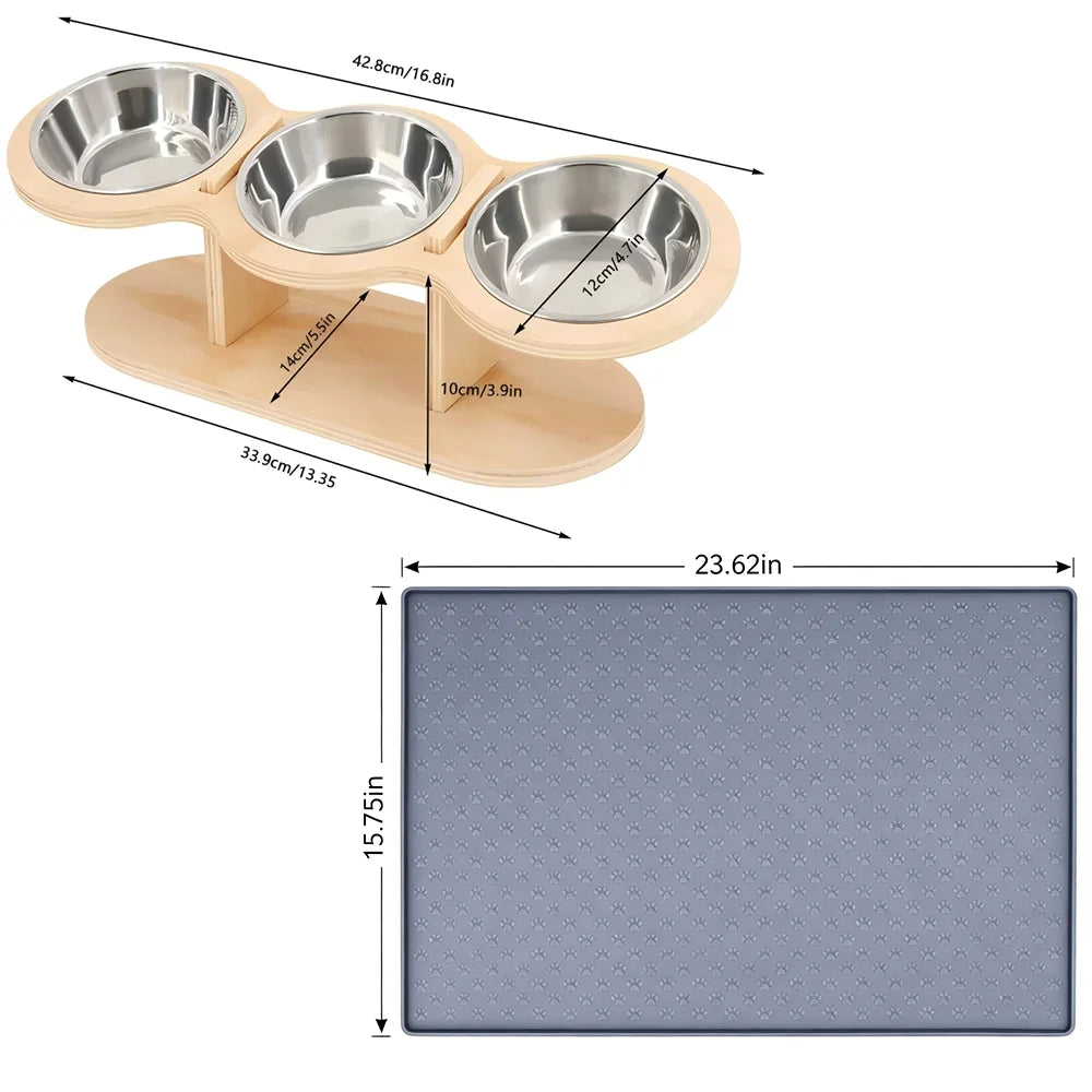 Raised Cat Feeder With Tilted Silicone Mat And 3 Stainless Bowls