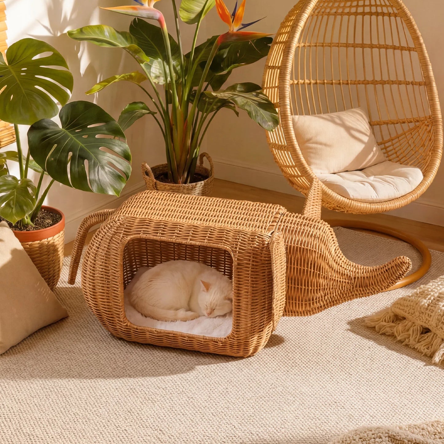 PEQULTI Elephant Rattan Cat Condo Bed Plush Cushioned Hideaway