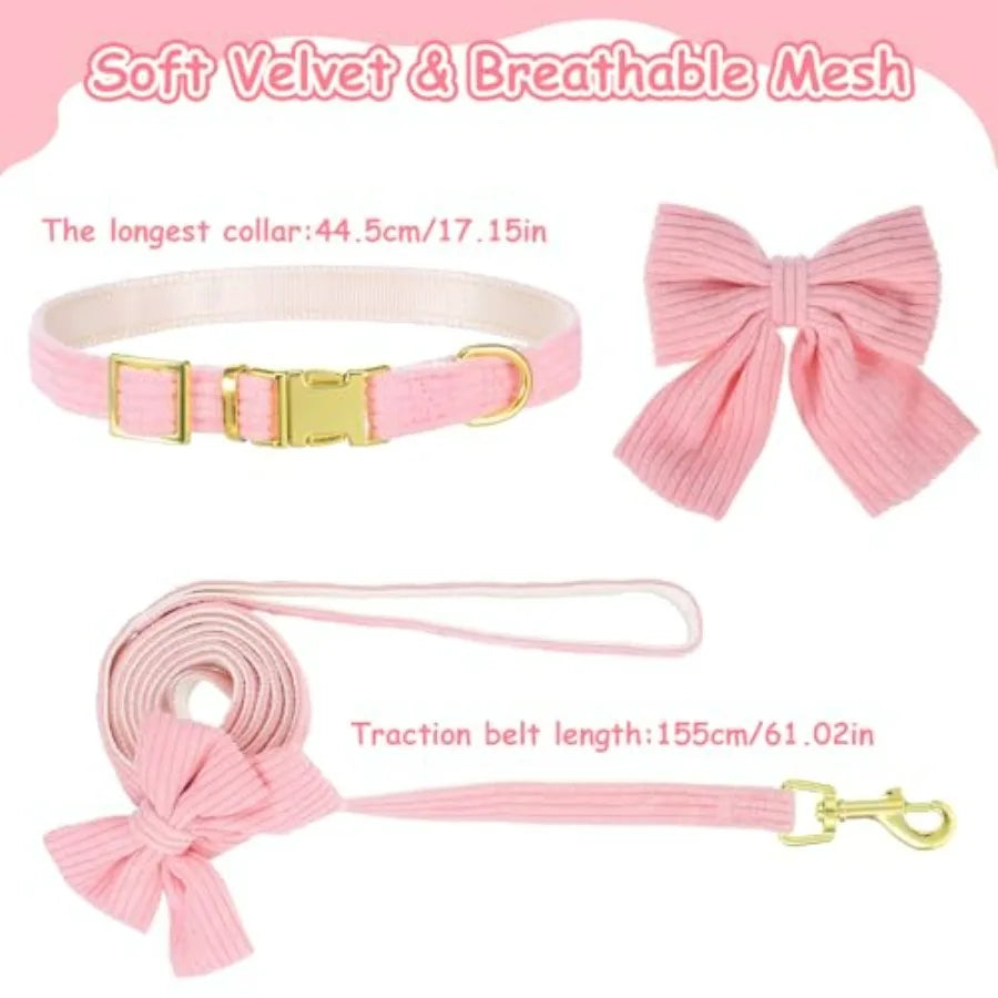 Dog Collar And Leash Set With Bow Tie Adjustable Breathable