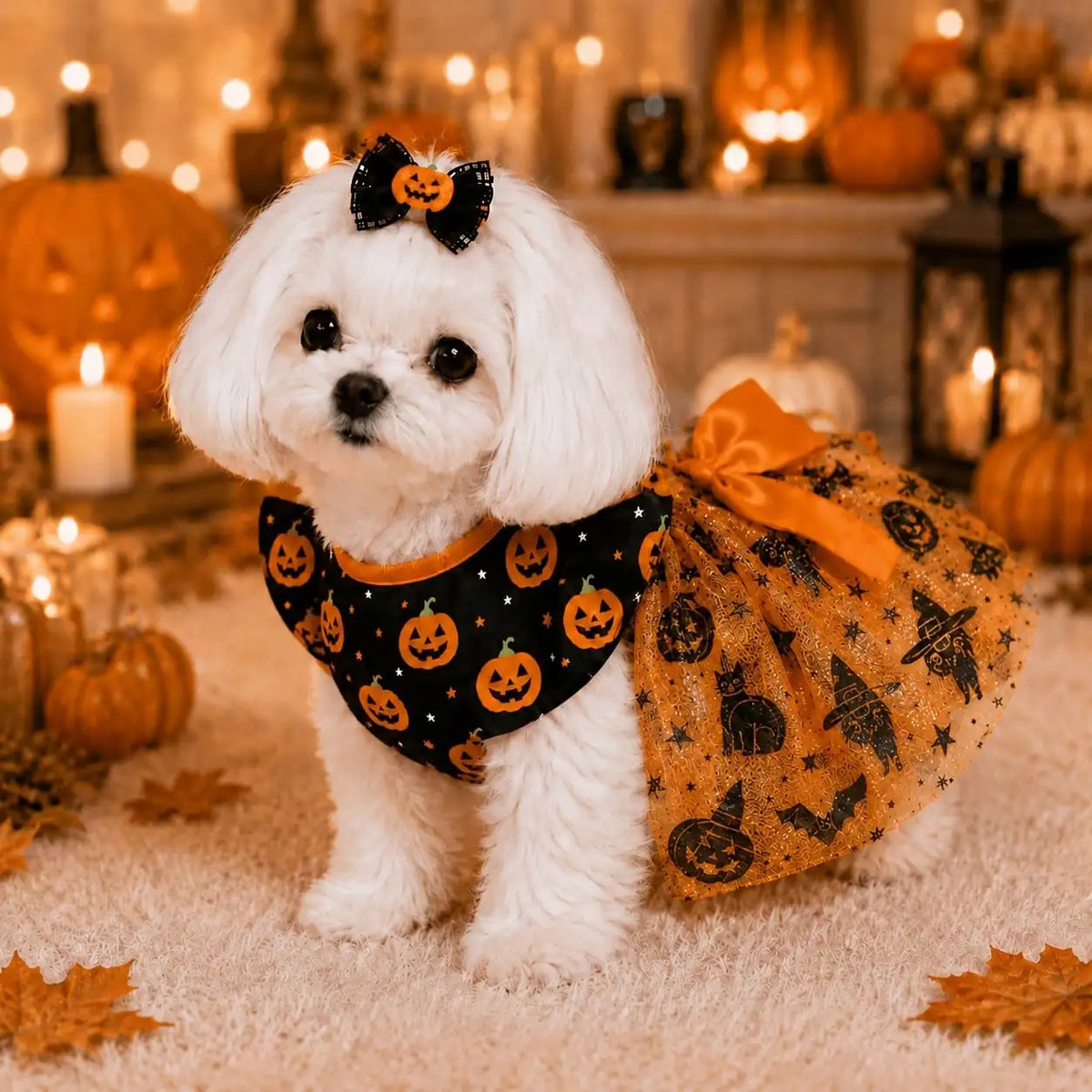 Breathable Halloween Pumpkin Print Dog Dress With Bow